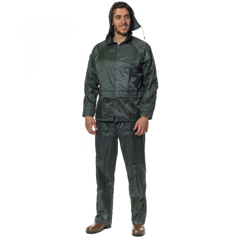 Complete rain jacket and green trousers