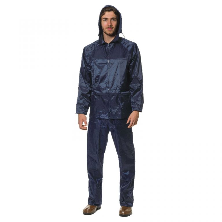 Complete rain jacket and blue trousers