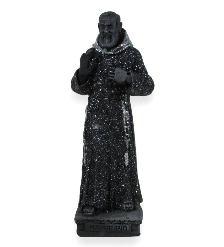Padre Pio statua in pietra lavica con decorazioni colorate