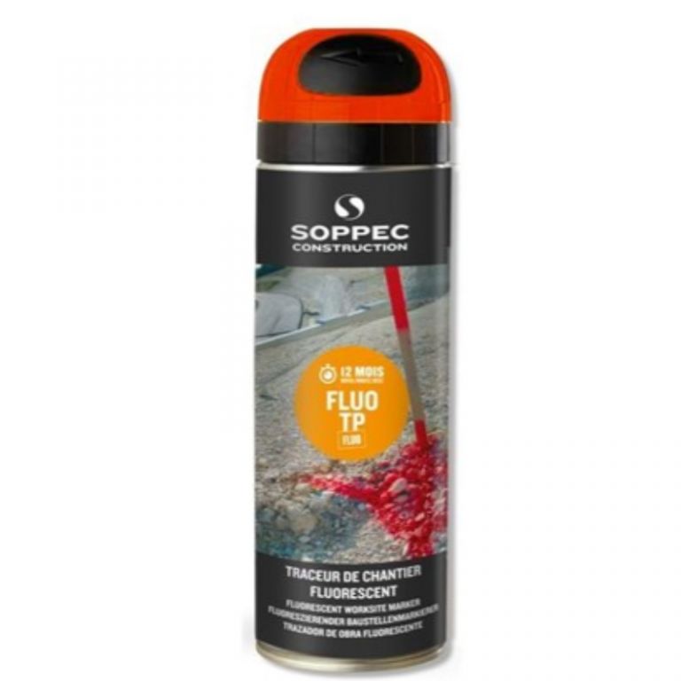 Tracciatore da cantiere rosso fluorescente, vernice spray, 500ml, idoneo per uso segnaletica stradale, utilizzo capovolto.